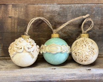 French Country Shabby Chic Ornaments -Fleur-De-Lis, SnowFlake, Decorative Label - Set of Three or Individual