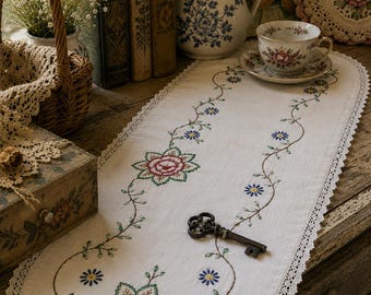 Vintage Hand Embroidered Table Runner with Lace Trim | Cottagecore Floral Linen Dresser Scarf | Farmhouse Cottage Decor