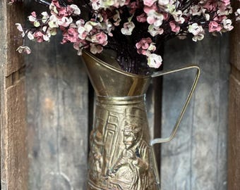 Vintage Brass Pitcher: Embossed English Pub Scene, Ornate Bar Decor