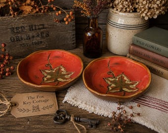 Vintage Hand Painted Maple Leaf Pottery Dishes | Set of 2 Autumn Leaf Bowls | Rustic Cabin Decor | Fall Cottagecore Trinket Dishes