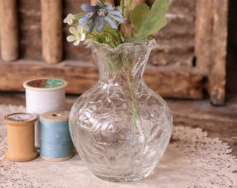 Vintage Clear Glass Vase: Ruffled Rim, Textured Bud Vase – Cottage Farmhouse Decor