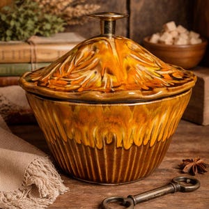May include: A vintage-style ceramic casserole dish with a lid, featuring a warm, earthy color palette of brown and yellow. The dish has a textured, ribbed design and a brass handle on the lid. A decorative key is placed nearby.