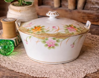 Vintage Nippon Hand Painted Floral Covered Dish - Cottagecore Farmhouse Serving Bowl