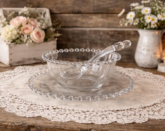Vintage Hobnail Glass Serving Bowl Set with Underplate & Ladle – Shabby Chic Cottagecore Decor