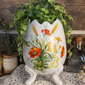 Vintage Lefton Japan Floral Planter~Footed Ceramic Vase~Cottagecore Farmhouse Decor~Poppy Wildflower Planter~Retro Mid Century
