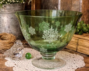 Vintage Green Glass Pedestal Bowl: Snowflake Etched, Farmhouse Holiday Decor