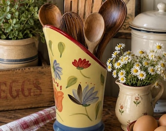 Pfaltzgraff Napoli Utensil Crock Vase | Hand Painted Floral Ceramic Kitchen Decor | Cottagecore Farmhouse French Country