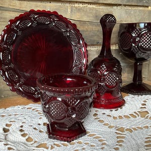 Vintage Avon Ruby Red Glassware Set, Cape Cod Roman Rosette Design