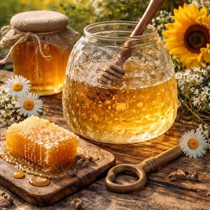 May include: A rustic still life featuring honey and related items. A glass jar of honey with a wooden honey dipper, a honeycomb on a wooden board, and a jar of honey with a burlap lid are displayed. Daisies and a sunflower add color.