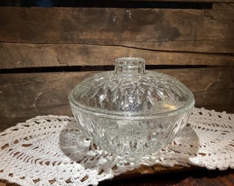 Vintage ~ Pasari Crystal Clear Pressed Glass Embossed Candy, Nut Trinket Bowl with Lid