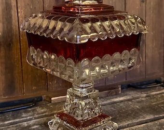 Vintage Ruby Flash Covered Pedestal Candy Dish | Square Lidded Glass Compote | Mid Century Pressed Glass Candy Box | Cottagecore Farmhouse