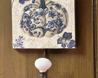 Shabby Chic French Country Cottage Blue & White Pumpkin Wall Hook