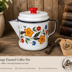 Vintage North Enamel Coffee Pot with Lid | Retro Floral Enamelware Coffee Server | 1970s Farmhouse Kitchen Decor | Orange Flower Pitcher