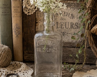 Antique Embossed Guaranteed Full 1/2 Pint Clear Glass Bottle | Primitive Farmhouse Decor | Apothecary Bottle Vase