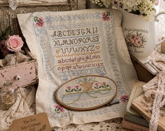 Vintage Hand-Stitched Cross Stitch Sampler in Progress | Alphabet Needlework | Cottagecore Wall Decor | Embroidery Hoop Included