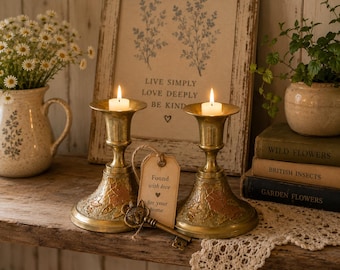 Vintage Brass Floral Candlestick Holders | Cottagecore Brass Candle Sticks | Hollywood Regency Rose Candlesticks | Set of 2