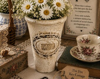 Handcrafted Upcycled Terracotta Vase | Rustic Cottagecore Decor | Distressed Crackle Finish Planter | Farmhouse Floral Vase