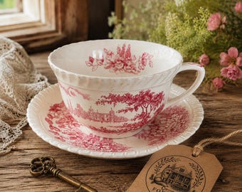Vintage Johnson Brothers Castle on the Lake Teacup and Saucer, Pink Red Transferware, English Cottage China, Made in England