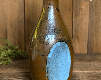 Signed Studio Pottery Vase, Brown and Blue Glazed Ceramic Bud Vase, Rustic Artisan Pottery