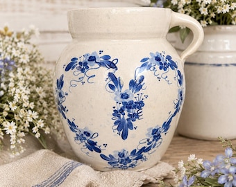 Vintage~P.R. Storie Pottery Marshall Texas~Blue Floral Crock Vase~Primitive Farmhouse Stoneware Pitcher