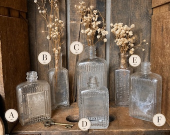 Vintage Embossed Apothecary Bottles: UV Reactive Manganese Glow, Farmhouse Decor