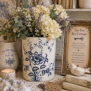 May include: A white ceramic cylindrical vase decorated with blue floral patterns, filled with a bouquet of cream hydrangeas, purple lavender, and eucalyptus leaves, positioned next to a framed sign titled The Fox Key Cottage with a skeleton key.