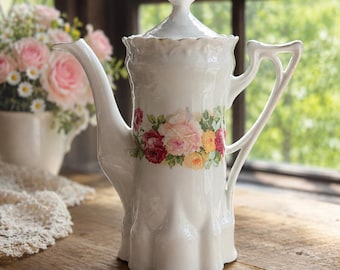 Vintage Floral Porcelain Teapot with Lid~Shabby Chic Grannycore Decor~Rose Pattern Coffee Pot~ Cottagecore Kitchen Decor~Farmhouse Accent