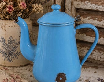 Vintage Blue Enamelware Coffee Pot | Rustic Farmhouse Kitchen Decor | Primitive Country Cottage Accent | Repurposed Flower Vase