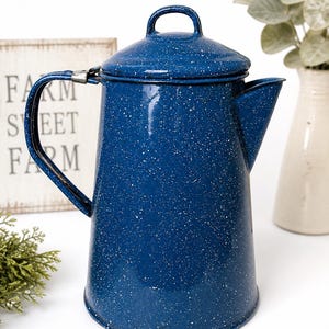 Vintage Blue Enamel Coffee Pot~Speckled Graniteware Percolator~Rustic Farmhouse Kitchen Decor~Primitive Camp Coffee Pot
