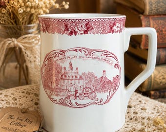 Vintage Adams English Staffordshire Ware Williamsburg Virginia Mug, Red Transferware Colonial Souvenir Tankard, Governor’s Palace