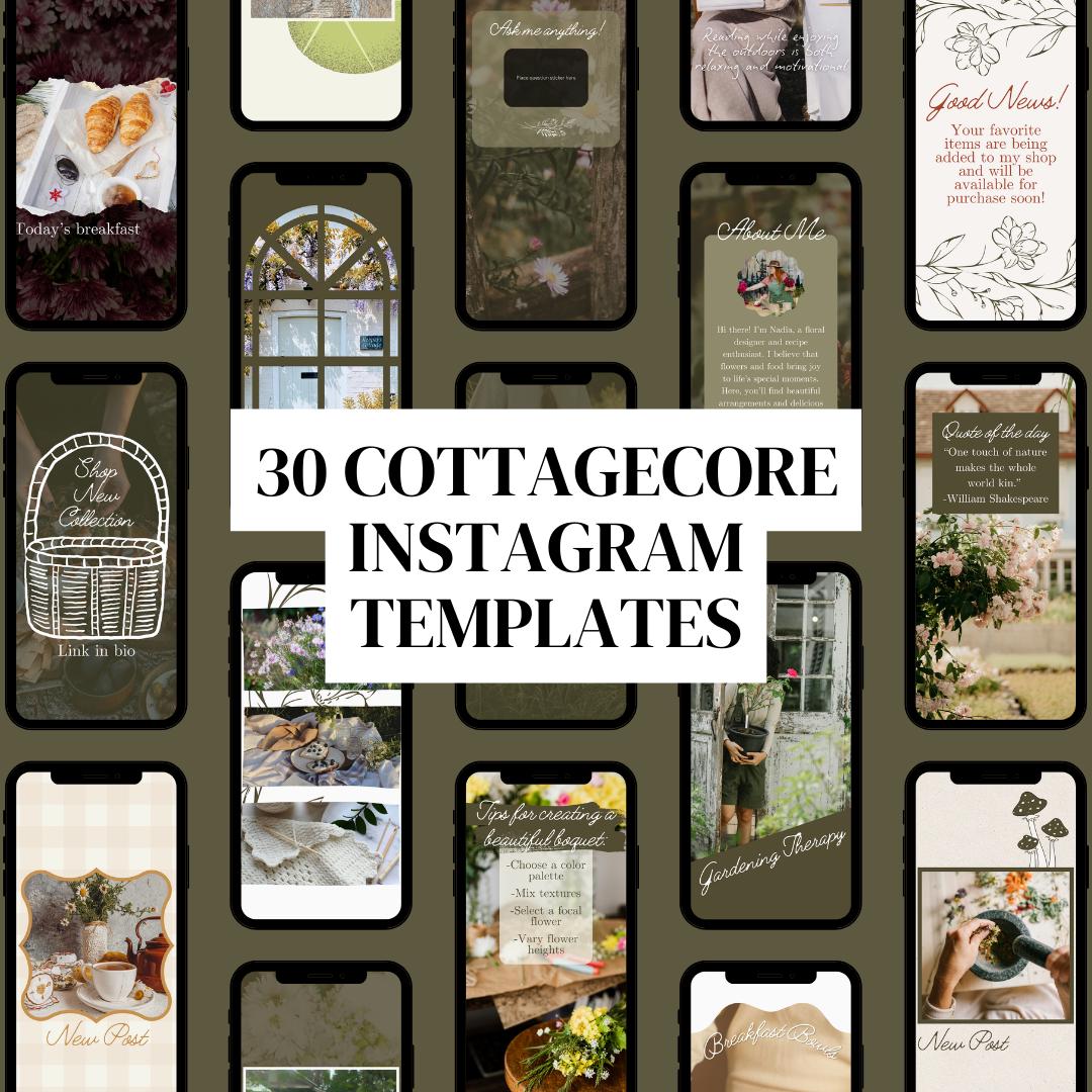 30 Cottagecore Instagram Story Templates: Canva Editable (Digital Download)