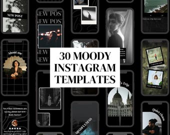 30 Moody Modern Instagram Story Canva Templates- IG Dark Aesthetic Templates for Social Media Editable Content for Business and Influencer
