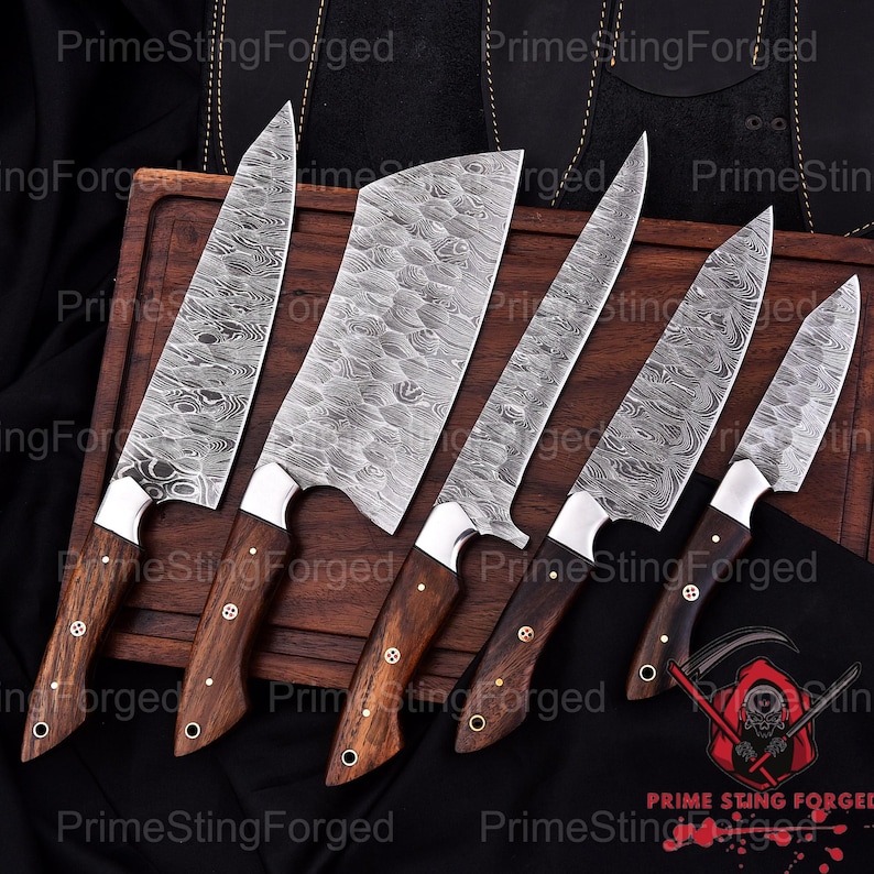 Hand Forged Damascus Steel Chef Knife- Handmade Kitchen Knives Set 5 Pcs -Anniversary Gift for him, Birthday Gift image 8