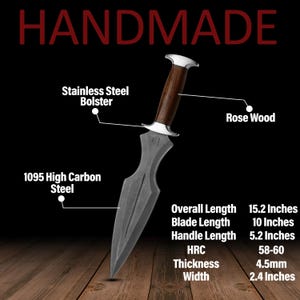 May include: Handmade dagger with a 1095 high carbon steel blade and rosewood handle. Features a stainless steel bolster. Overall length is 38.6 cm, blade length is 25.4 cm, and handle length is 13.2 cm.