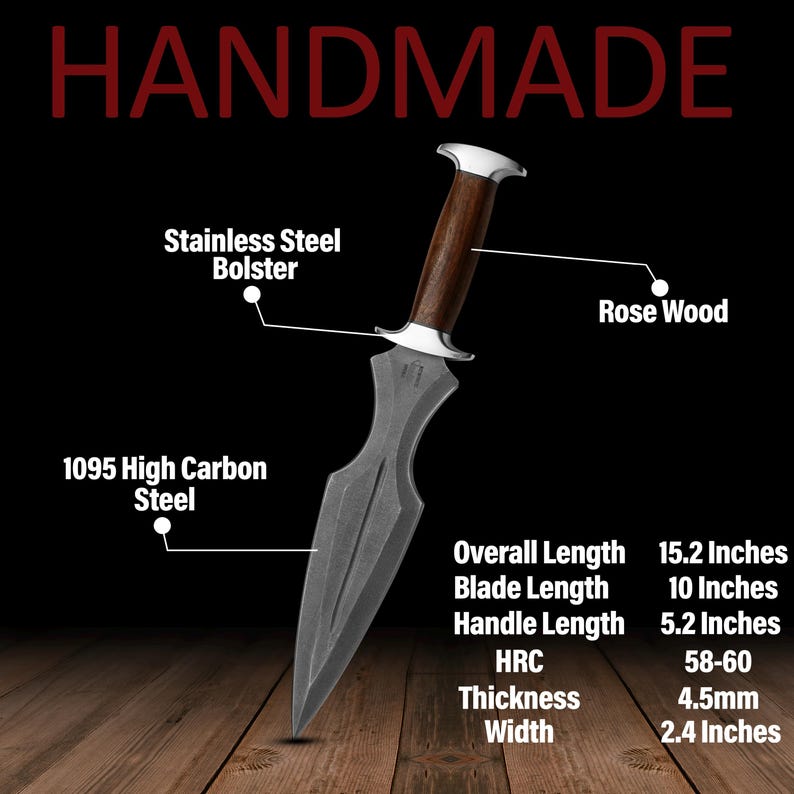May include: Handmade dagger with a 1095 high carbon steel blade and rosewood handle. Features a stainless steel bolster. Overall length is 38.6 cm, blade length is 25.4 cm, and handle length is 13.2 cm.