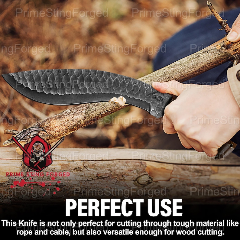 May include: A black, forged knife with a textured blade is shown cutting a wooden branch. The knife has a curved blade and a dark handle. The text "PERFECT USE" is visible at the bottom of the image.