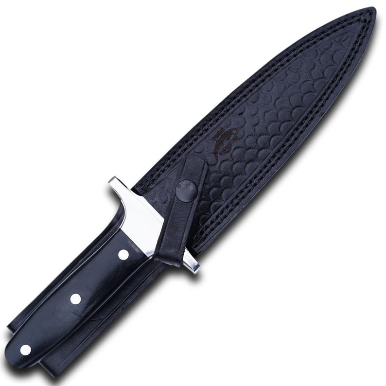 May include: A black dagger with a silver blade and a black handle with three white rivets. The dagger is in a black leather sheath with a textured pattern and a snap closure.