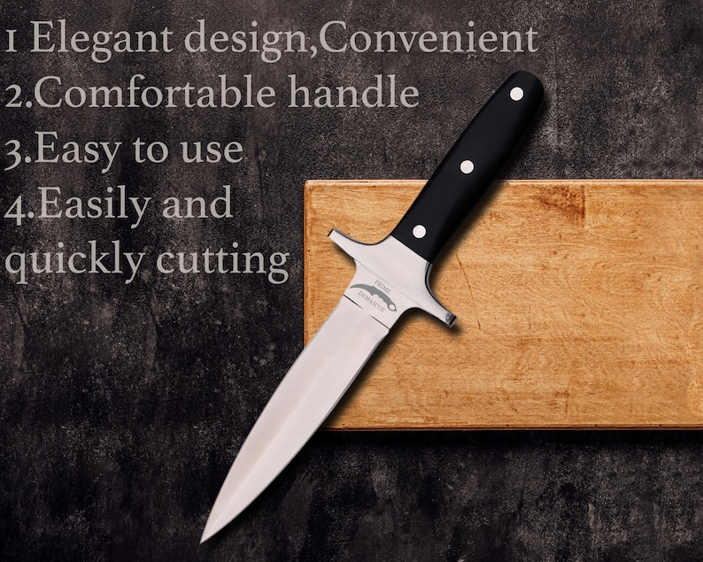 May include: A stainless steel knife with a black handle and three white rivets. The knife is on a wooden cutting board. Text on the image reads: Elegant design, Convenient, Comfortable handle, Easy to use, Easily and quickly cutting.