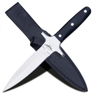 May include: A dagger with a polished steel blade and a black handle with three white dots. The dagger is in a black leather sheath. The text "PRIME DAMASCUS" is visible on the blade.