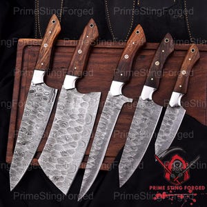 Hand Forged Damascus Steel Chef Knife- Handmade Kitchen Knives Set 5 Pcs -Anniversary Gift for him, Birthday Gift Brown Handle
