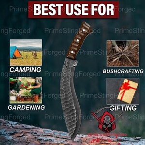 May include: A forged knife with a dark blade and a wooden handle. The image includes the text "BEST USE FOR" and shows the knife's uses: camping, bushcrafting, gardening, and gifting.
