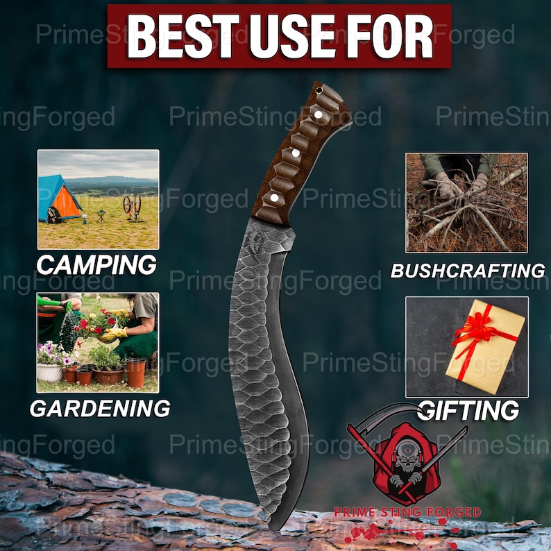 May include: A forged knife with a dark blade and a wooden handle. The image includes the text "BEST USE FOR" and shows the knife's uses: camping, bushcrafting, gardening, and gifting.