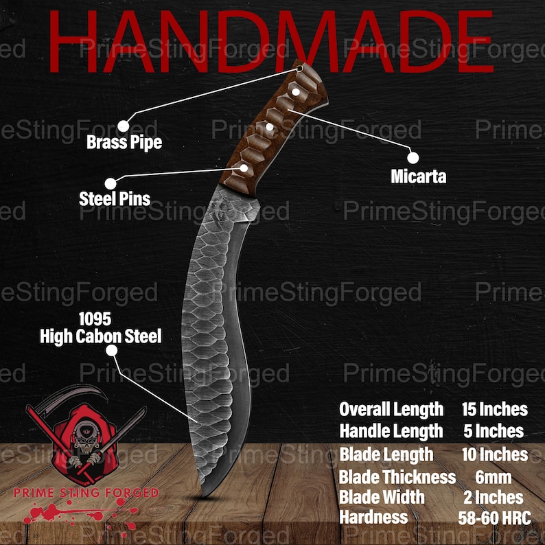 May include: Handmade knife with a 10-inch blade made of 1095 high carbon steel. The handle is made of Micarta and brass pipe, secured with steel pins. Overall length is 15 inches. Blade width is 2 inches. Hardness is 58-60 HRC.