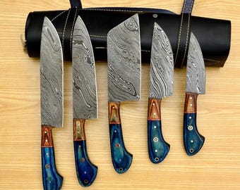 Hand Forged Damascus Steel Chef Knife- Handmade Kitchen Knives Set 5 Pcs -Anniversary Gift for him, Birthday Gift