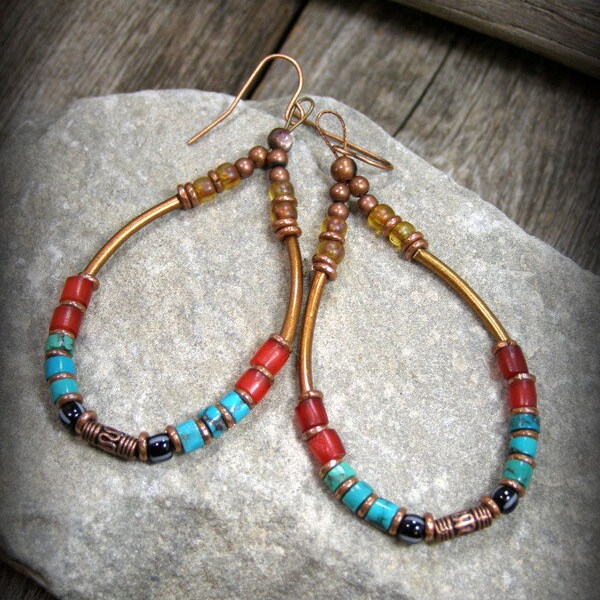 Bohemian Hoop Earrings, Turquoise Earrings, Bohemian Jewelry, Tribal Earrings, Native American, Large Hoop Earrings, Gypsy Earrings, Copper