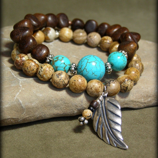 Turquoise Bracelet - Stretch Bracelet - Beaded Bracelet - Wood Bracelet - Southwest Bracelet - Native Bracelet