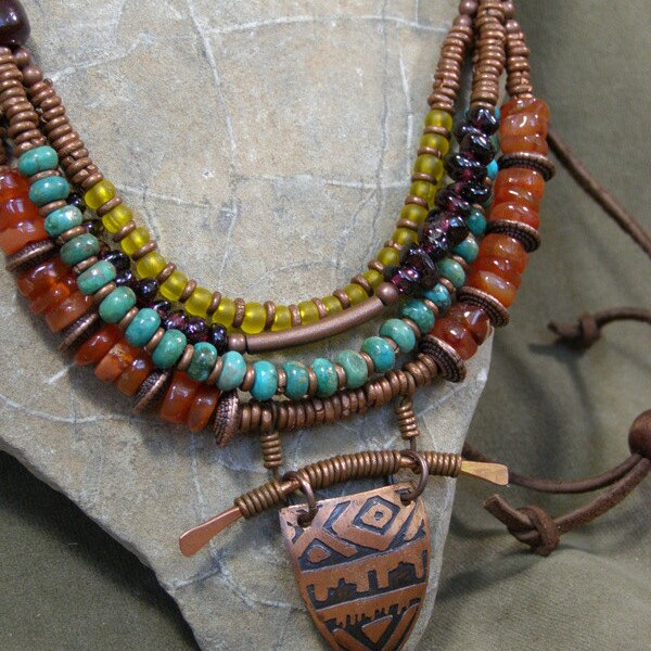 Bohemian Necklace, Turquoise Necklace, Statement Necklace, Turquoise Jewelry, Copper Pendant Necklace,Tribal Necklace, Leather Necklace