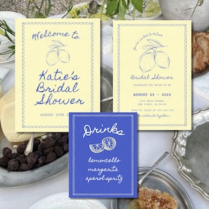 Paquete de 3 diseños para despedida de soltera italiana en amarillo mantequilla, invitación bonita, cartel de bienvenida y menú para la futura novia, fácil de editar e imprimir