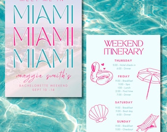 Invitación para despedida de soltera en Miami, plantilla de itinerario tropical (5x7 editable)