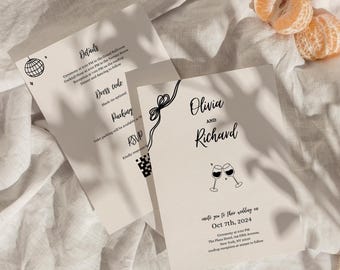 Modern Wine Glass Wedding Invitation Template: Bow Scribble Design (Digital Download, 5x7 inch)